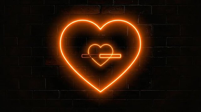 A glowing orange neon heart shape mounted on a dark textured brick wall background