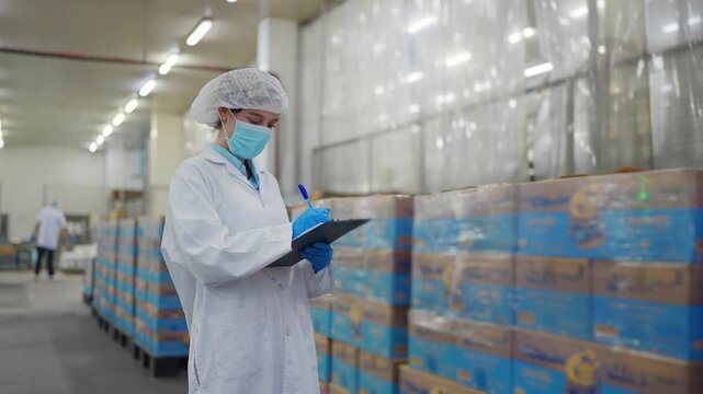 Warehouse Inspection: A focused inspector in a protective suit meticulously assesses the stock, ensuring stringent quality control standards are met within the structured storage facility.