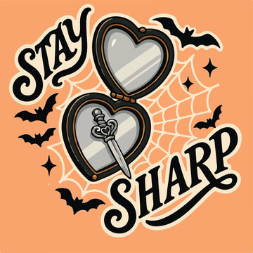 Decorative illustration featuring a heart shaped mirror with a sharp dagger inside alongside spooky bats and intricate spider web motifs