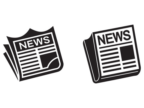 Two newspaper icons with news headline  black and white illustration of folded newspapers with readable text