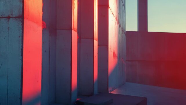Concrete building with bold minimalist geometry and strong lines, bathed in dramatic red and blue sunset shadows that create stark contrast and textured architectural patterns