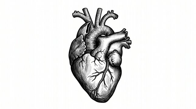 Black tattoo design of anatomical heart, detailed ink illustration, bold line art, isolated on white background, high contrast, tattoo flash style