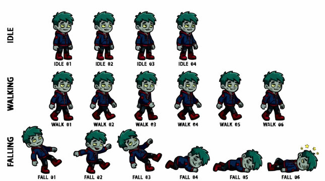 Cute Cartoon Zombie Boy Character Sprite Sheet Flat Vector Illustration For Game Development