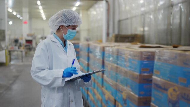 Quality Assurance in Production: A dedicated food industry professional meticulously inspects packaged products in a sterile production facility, ensuring adherence to quality control standards. 