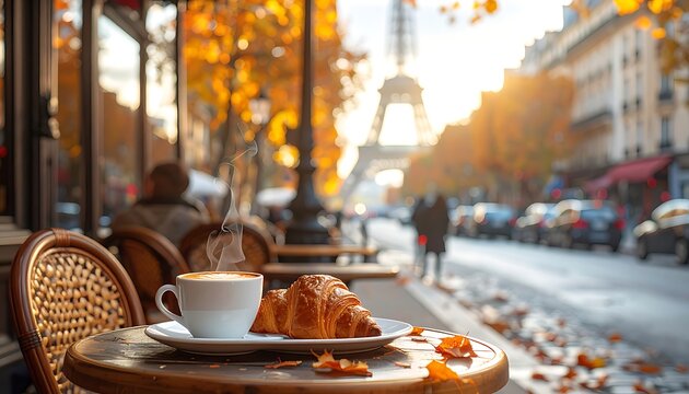 Coffee and croissant on Paris street.