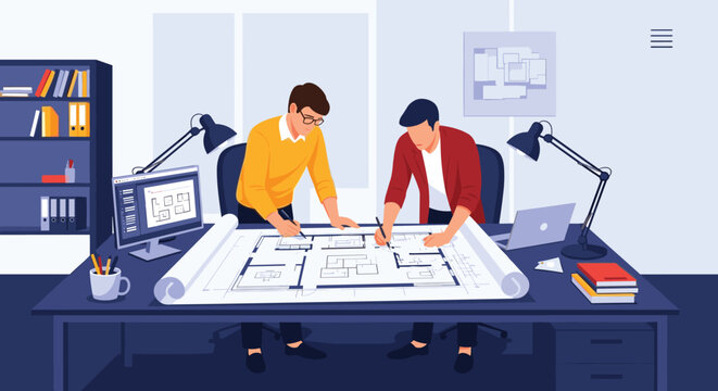 Two male architects working together in a well-equipped office to finalize building plans and floor layouts on a large paper.
