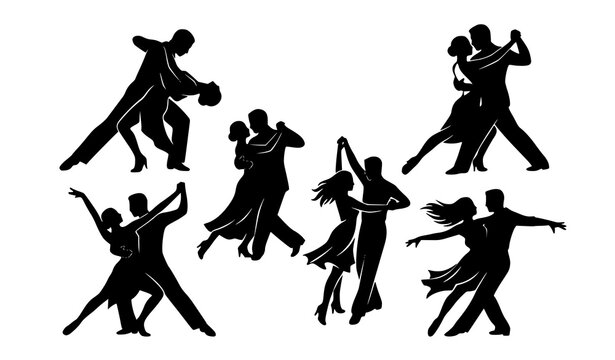 Minimal four couples tango and salsa dancing silhouettes vector composition on white background