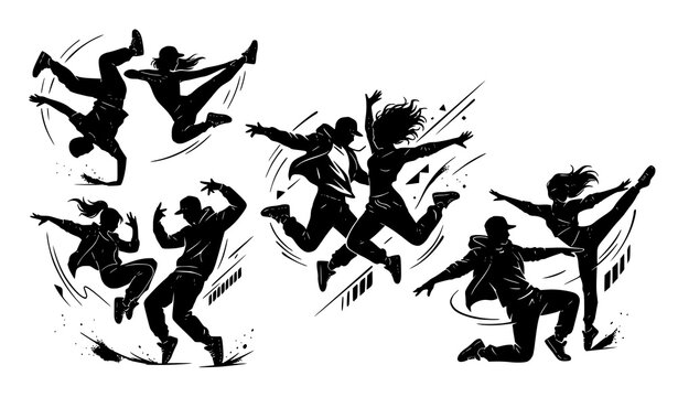 Four couples street dance silhouette vector illustration with dynamic hip hop poses isolated on white background