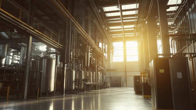 Industrial manufacturing plant interior featuring rows of large metallic vats, complex piping systems, and machinery, illuminated by golden sunbeams streaming through windows