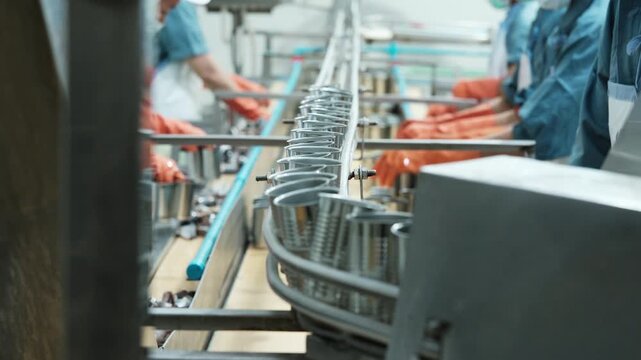 Close-up, workers' hands with protective gloves sorting cans, filling pieces of raw fish, preparing for nourishment conveyor production industry, sterile warehouse, instant food manufacturing factory.