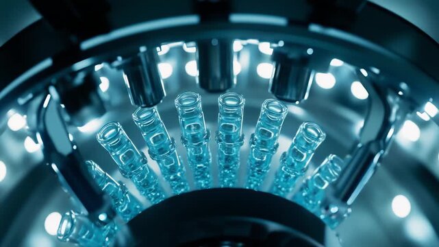 Scientific research machine processing multiple test tubes filled with glowing blue liquid in a modern laboratory, symbolizing advances in medicine, technology, and biotechnology development