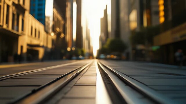 City tram tracks leading into a glowing golden hour urban scene, reflecting warm light with blurred buildings and traffic, conveying movement, commute and forward direction