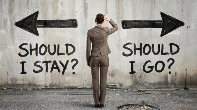 A business professional contemplates a critical life choice, facing two divergent paths indicated