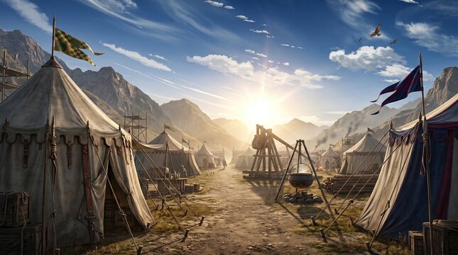 Ancient military encampment scene at sunrise with tents and siege weaponry amidst mountains