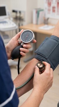 Close-up of medical professional checking patient's blood pressure with sphygmomanometer in clinic