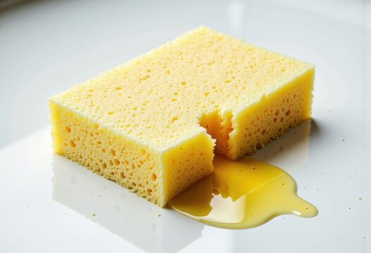 Close-up of Yellow Sponge Absorbing Olive Oil on Glossy White Surface