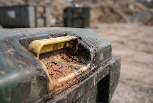Close-up of waste container lock lever indent with mud and grime