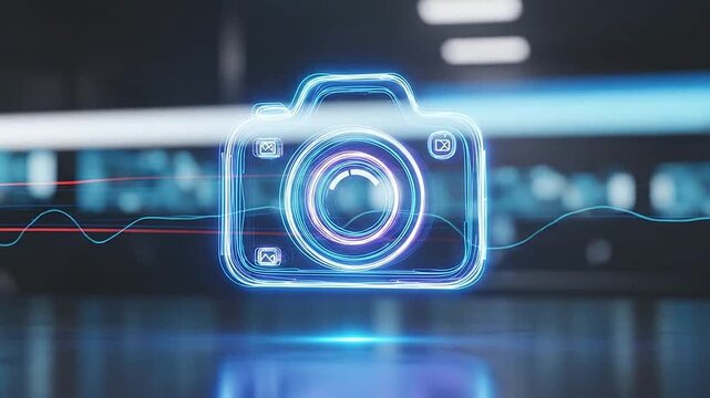 A glowing blue neon camera icon floats in a dark digital space