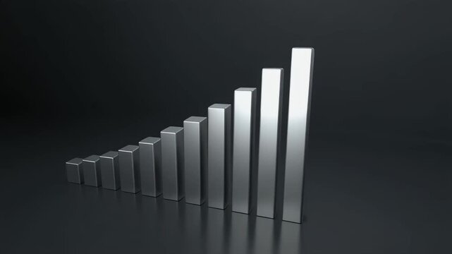 A rising bar graph displays increasing values on a dark background with reflections.