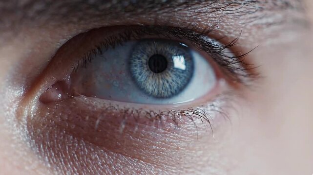 A captivating close-up of a vibrant blue human eye, showcasing the intricate patterns of the iris and the reflective pupil, conveying depth of vision and profound introspection