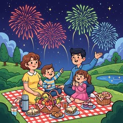 Fototapeta premium Happy family having a picnic dinner watching fireworks in the park at night