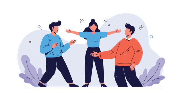 Calm woman acts as a mediator by standing between two angry men who are arguing loudly in a modern office or professional environment.