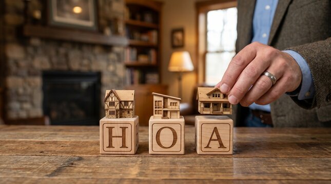 Homeownership association concept represented by wooden blocks and miniature houses