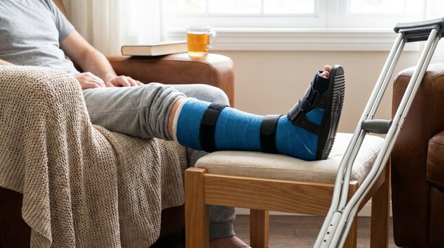 Individual recuperating with a blue cast and crutches resting indoors
