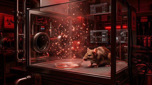 Laboratory mouse in containment, scientific research, biological experiment, red glow