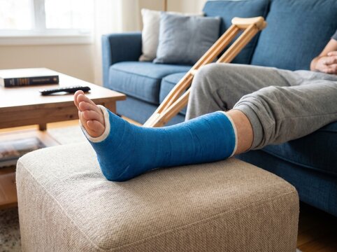Man with blue cast on broken leg resting on ottoman with crutches nearby