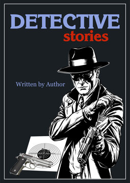 084-22-Investigator reloading a pistol for detective stories book cover featuring a target