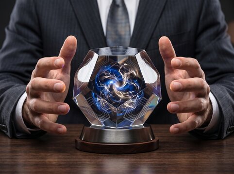 Mystical crystal orb reveals insights within its shimmering depths held by business professional