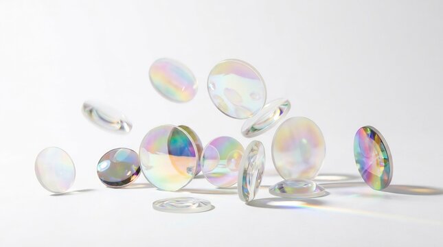 Holographic iridescent glass disks floating on white background