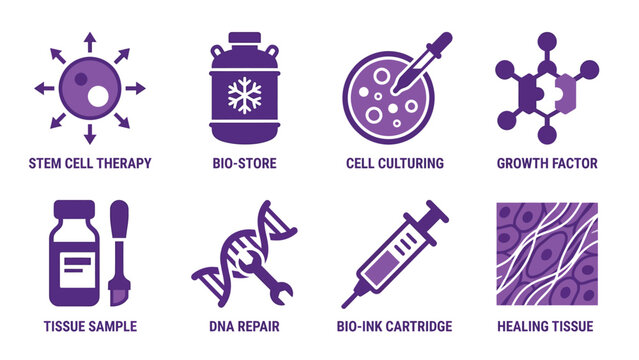 Collection of medical and scientific icons representing stem cell therapy, bio-store, cell culturing, growth factor, tissue sample, DNA repair, bio-ink cartridge, and healing tissue.