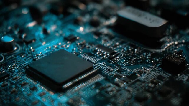 Electronic circuit board featuring a central processor chip, illustrating micro technology, computer hardware, and the intricate details of digital infrastructure with a glowing blue light