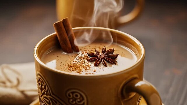 Cozy aromatic drink steams in an ornate mug with cinnamon and star anise garnish