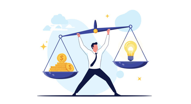 Businessman maintains balance on a scale by holding up a pile of gold coins on one side and a glowing lightbulb idea on the other side.