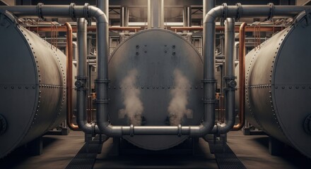 Obraz premium Industrial Boiler Room Interior Metallic Pipes Steam Vents Manufacturing Plant Tech Heavy Machinery Operation Power Generation Equipment Engineering Infrastructure Complex Factory Dynamics