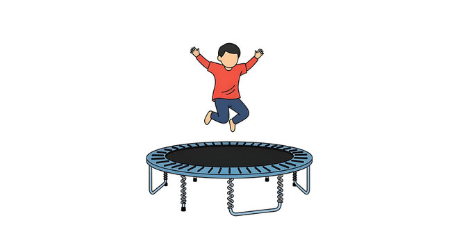 Happy child jumping on outdoor recreational trampoline for fun and exercise in a playful environment for kids health vector background white clean