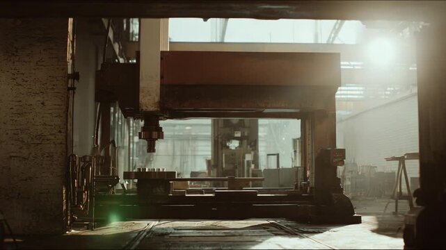 Heavy industrial machinery stands ready for work inside a large, dimly lit factory building, highlighting the scale and power of manufacturing and production processes