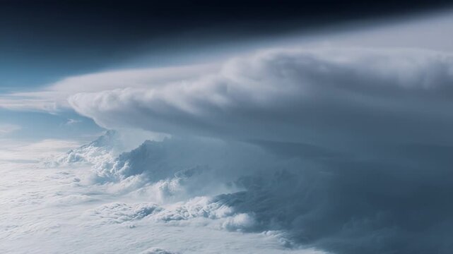 Massive storm clouds rising above a vast blanket of cumulus clouds, creating a dramatic contrast between sunlit whites and dark, foreboding atmospheric conditions