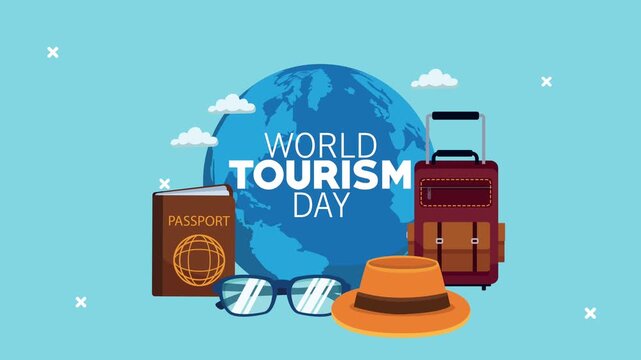 World tourism day celebration with globe passport suitcase and hat animated motion graphics.