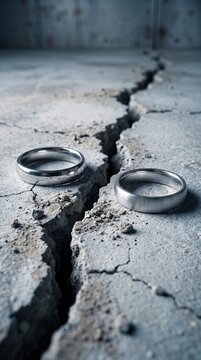Symbolic representation of marital discord and separation with wedding rings divided by a crack in