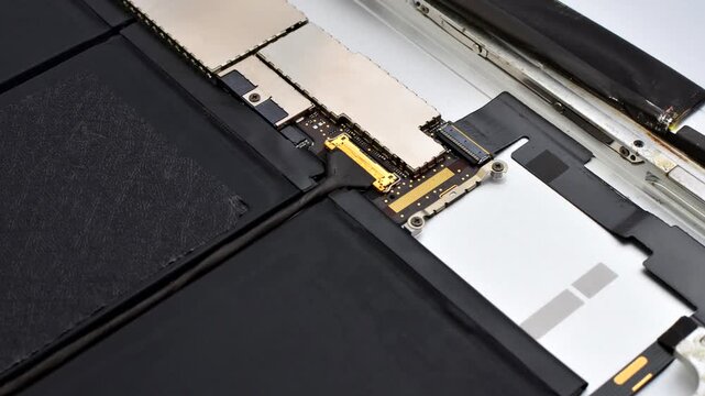 Close-up of tablet maintenance, showcasing technical care and precision in the repair process. Tablet repair close-up, showcasing tools and necessary care for an efficient maintenance process.