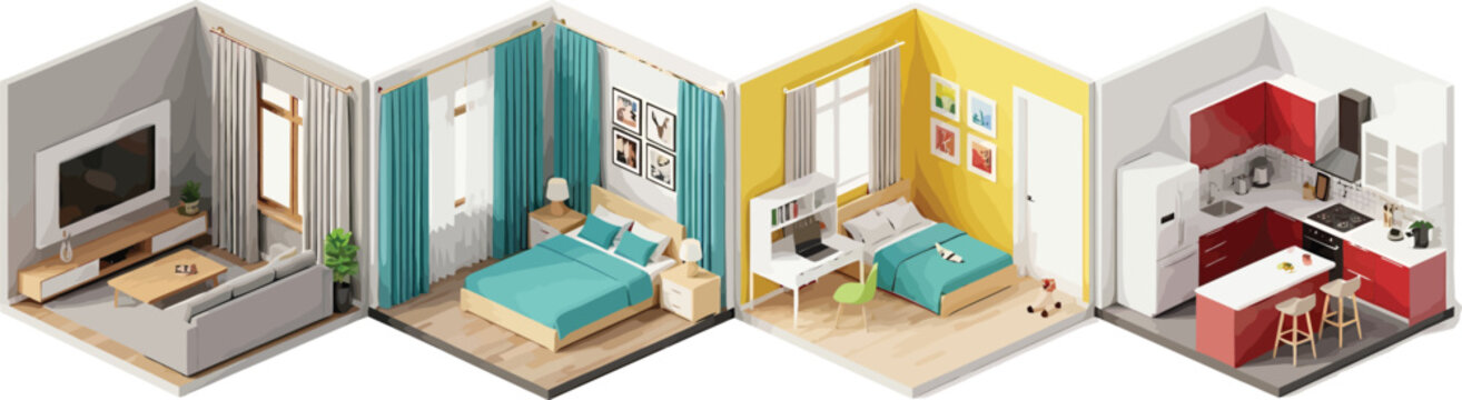 Isometric interior design set featuring living room bedroom study and kitchen modules for home planning and architectural visualization vector illustration
