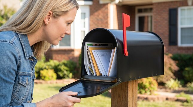 Woman checks her overflowing mailbox while standing on her suburban property outside her home