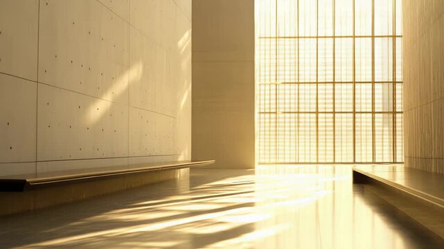 Modern architectural interior featuring clean lines, concrete walls, and simple benches, with warm sunlight streaming through a large grid window, creating abstract shadows on the floor