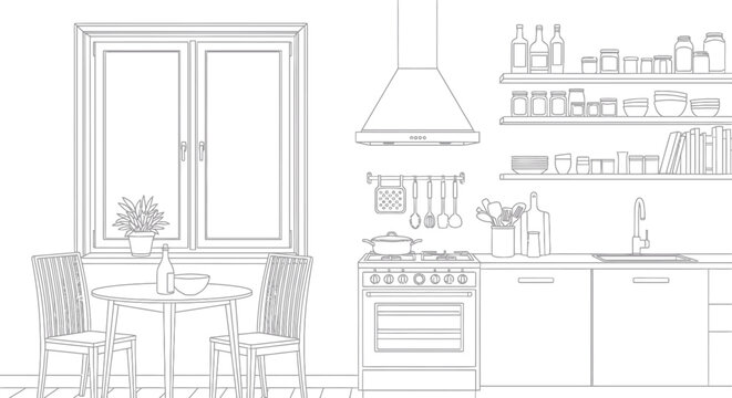 Modern kitchen interior line art with dining table stove and shelves for coloring book or architectural design vector illustration