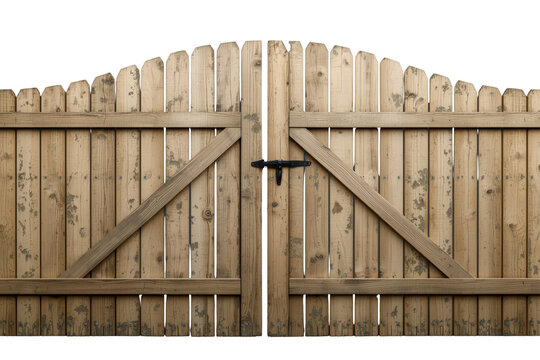 Weathered wooden gate, featuring a black latch, providing boundary and access to a property. Transparent background