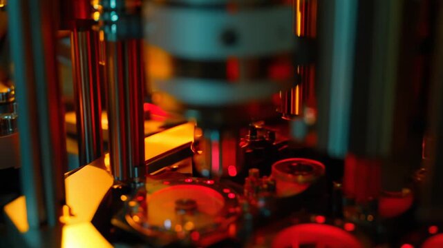 Automated industrial machine precisely assembling small electronic components and wafers in a controlled high tech factory environment, showcasing advanced robotic manufacturing and innovation